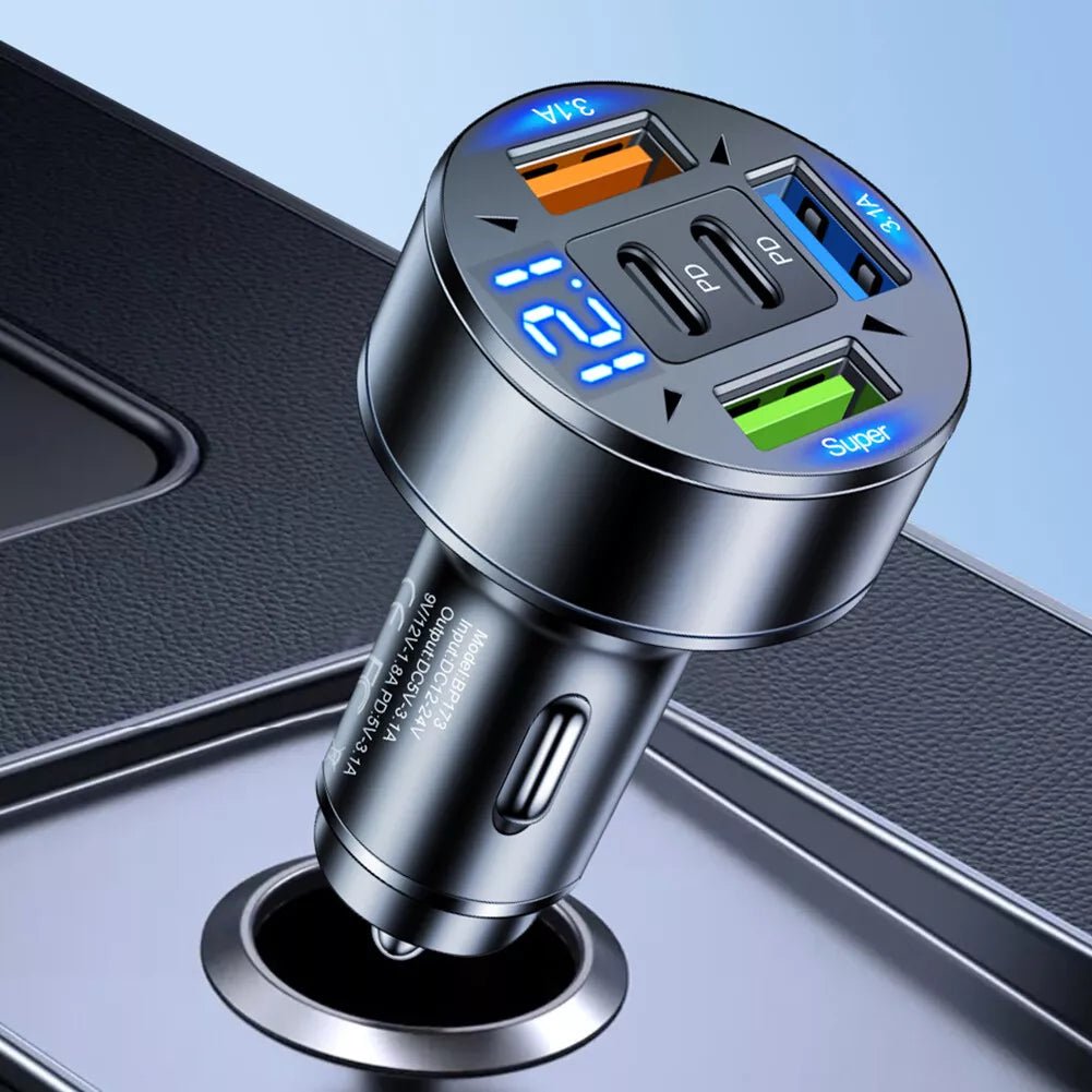 100W 5 - Port Fast Car Charger with USB & Type - C | 12V–24V Adapter for Phones, Tablets & Devices - Office Catch