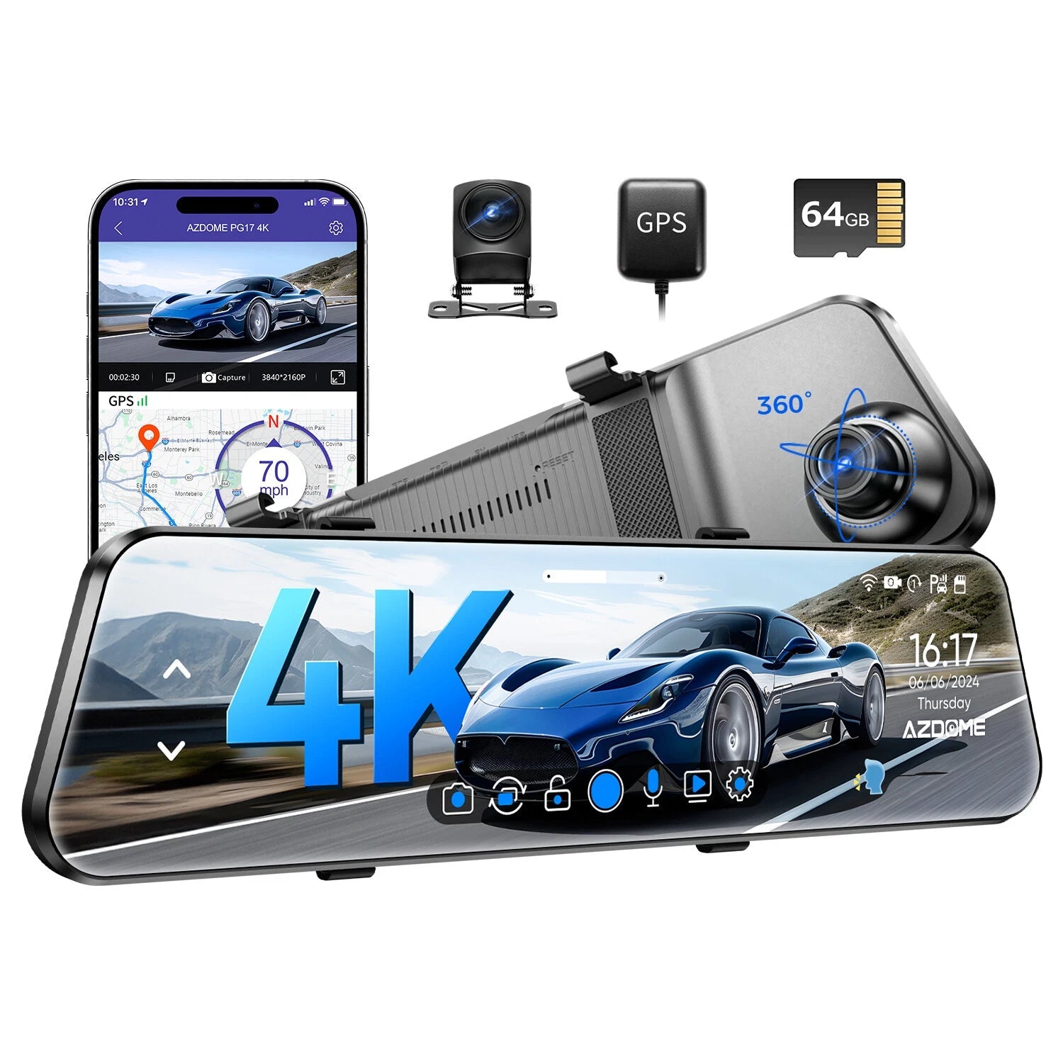 12" 4K Mirror Dash Cam with Rear Camera + GPS + WiFi + 64GB Card – Front & Rear Recording System - Office Catch