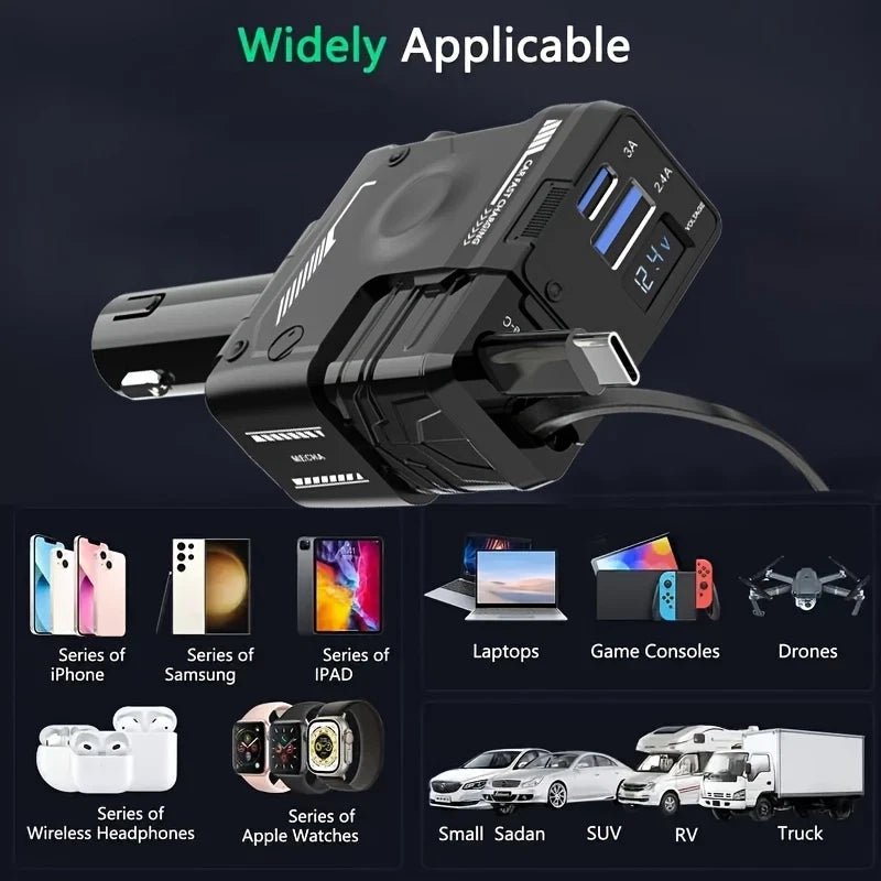 120W Retractable 4 - in - 1 Car Charger with USB - C, iPhone Cables & Voltage Display – AU Adapter - Office Catch