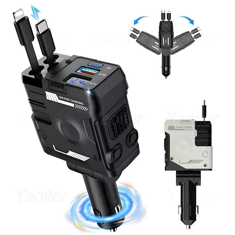 120W Retractable 4 - in - 1 Car Charger with USB - C, iPhone Cables & Voltage Display – AU Adapter - Office Catch