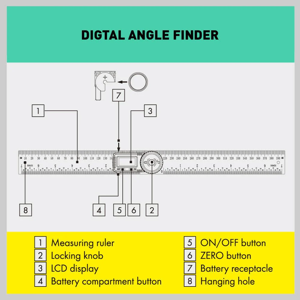 200mm Digital Angle Finder Ruler Protractor Measure Meter Stainless Steel 0-360°