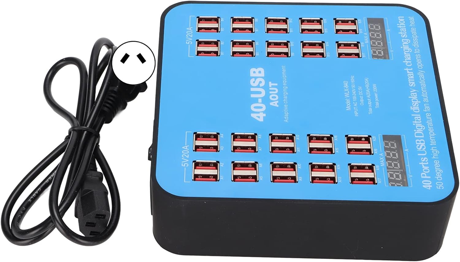 200W Universal Multiport Charging Station with 40 Ports, LCD Digital Display for Current and Voltage, Complete with Organizer Stand - Office Catch