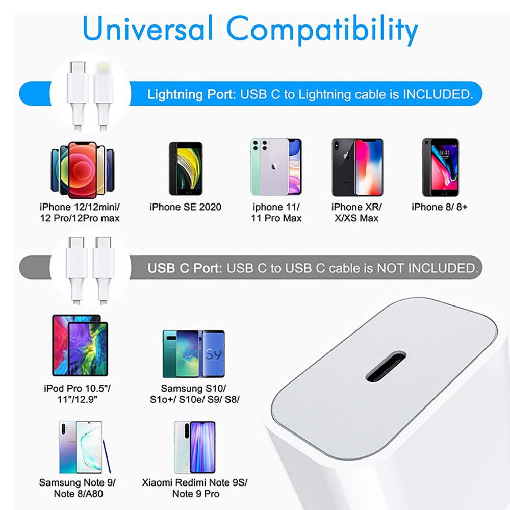 20W Fast Charge USB - C Power Adapter PD Cable For iPhone 14/13/12/11 Pro/XR/iPad - Office Catch