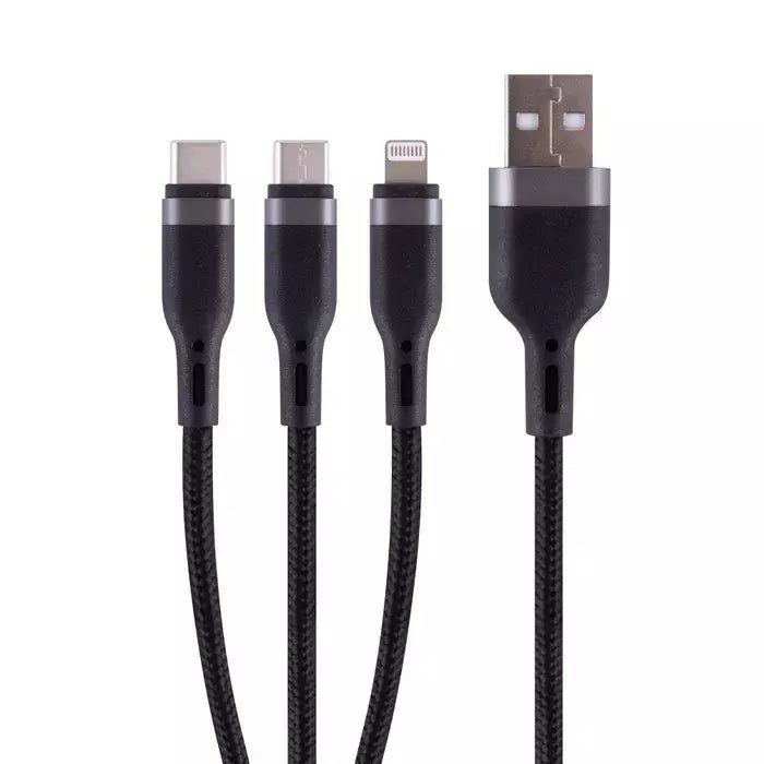 3 in 1 Charge And Sync Cable Micro Iphone And TYPE C Into USB A Fast Charge - Office Catch
