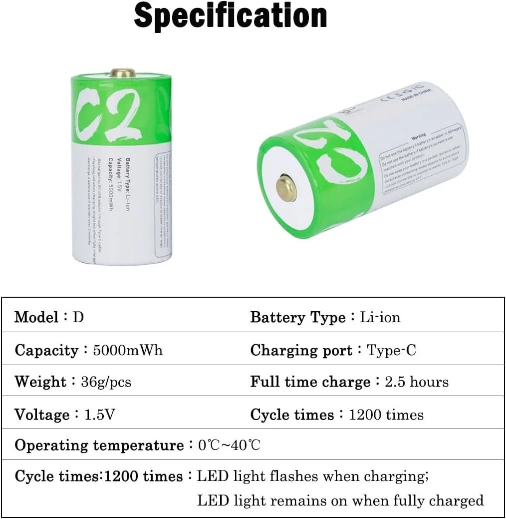 4 Pack Rechargeable D Lithium - Ion Batteries with USB Charging 1.5V 12000mWh - Office Catch