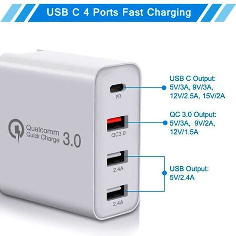 48W 4 Multi - Port Fast PD Quick Charge QC 3.0 USB Type C Hub Wall Charger Adapter - Office Catch