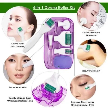 6 in 1 Microneedle Derma Roller Kit Titanium Dermaroller Micro Needle Facial Roller Skin Care For Skin Care and Body Treatment - Office Catch