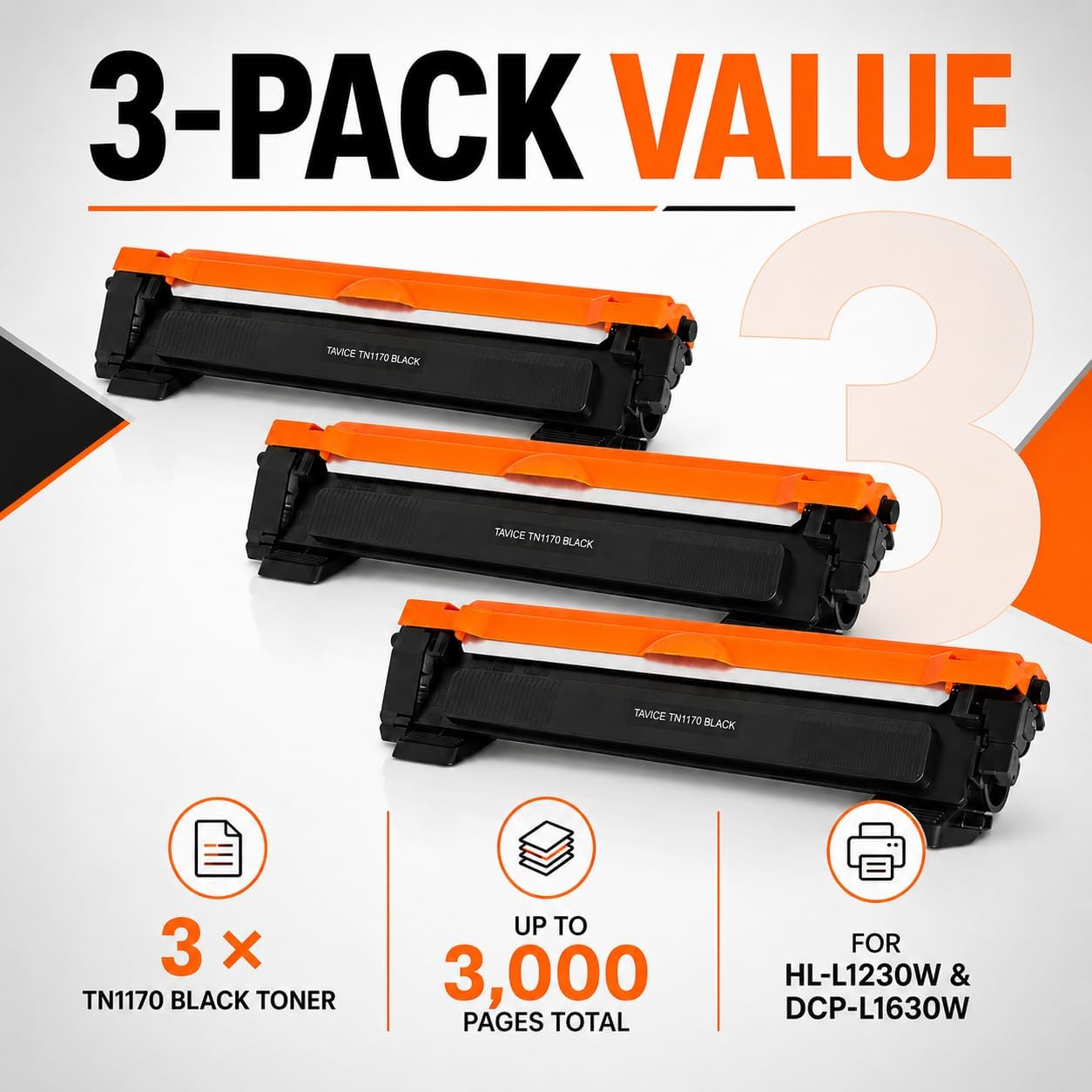 TAVICE 3 Pack TN1170 Toner Cartridges Compatible with Brother HL-L1230W and DCP-L1630W Printers, Black