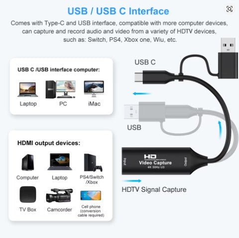 HDMI to USB Video Capture Card, USB 3.0 4K 60FPS Game Capture & Streaming Adapter - Office Catch
