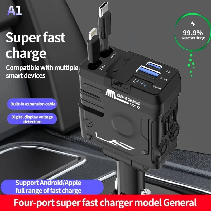 120W Retractable 4-in-1 Car Charger with USB-C, iPhone Cables & Voltage Display – AU Adapter
