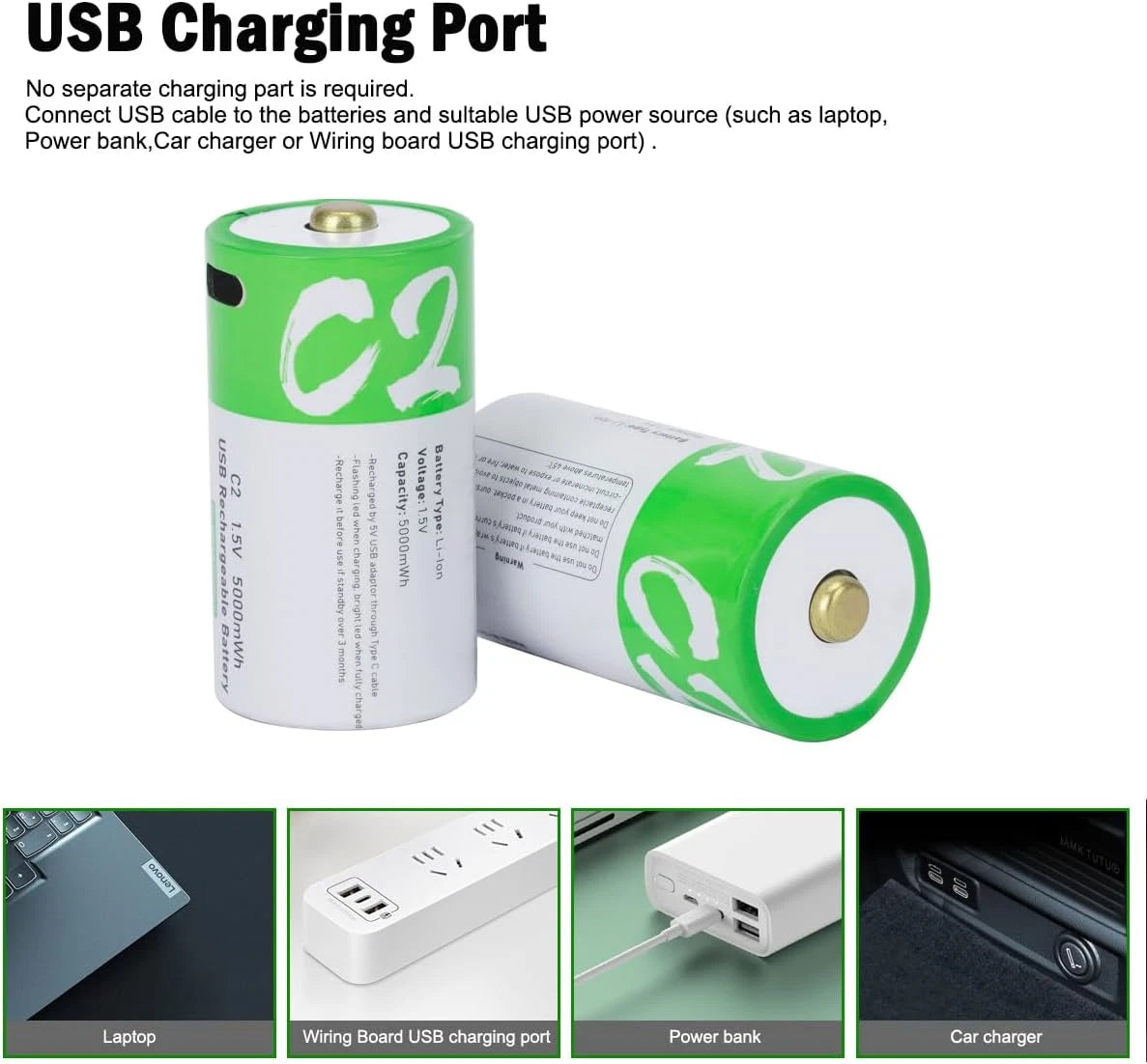 USB C Lithium-Ion Rechargeable C Battery 1.5V 5000mWh – 2 Pack with Fast Type-C Charging, LED Indicators & Constant Output