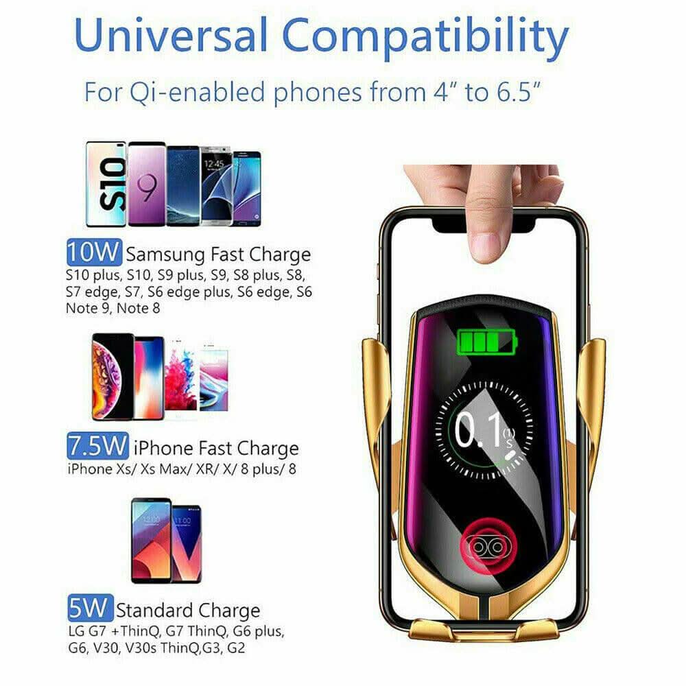 Smart Qi Wireless Car Charger Mount – Auto - Clamping Phone Holder with Sensor | Black - Office Catch