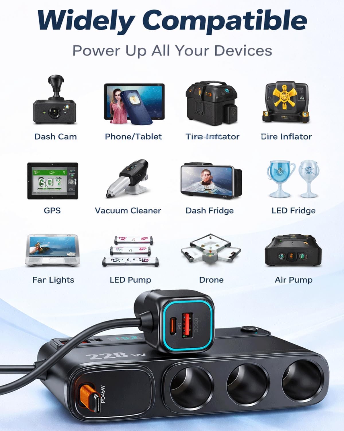 TAVICE 228W Car Cigarette Lighter Splitter with PD45W Retractable USB-C Cable, 3 Sockets Dual QC3.0 USB Car Charger for 12V/24V Vehicles - Office Catch