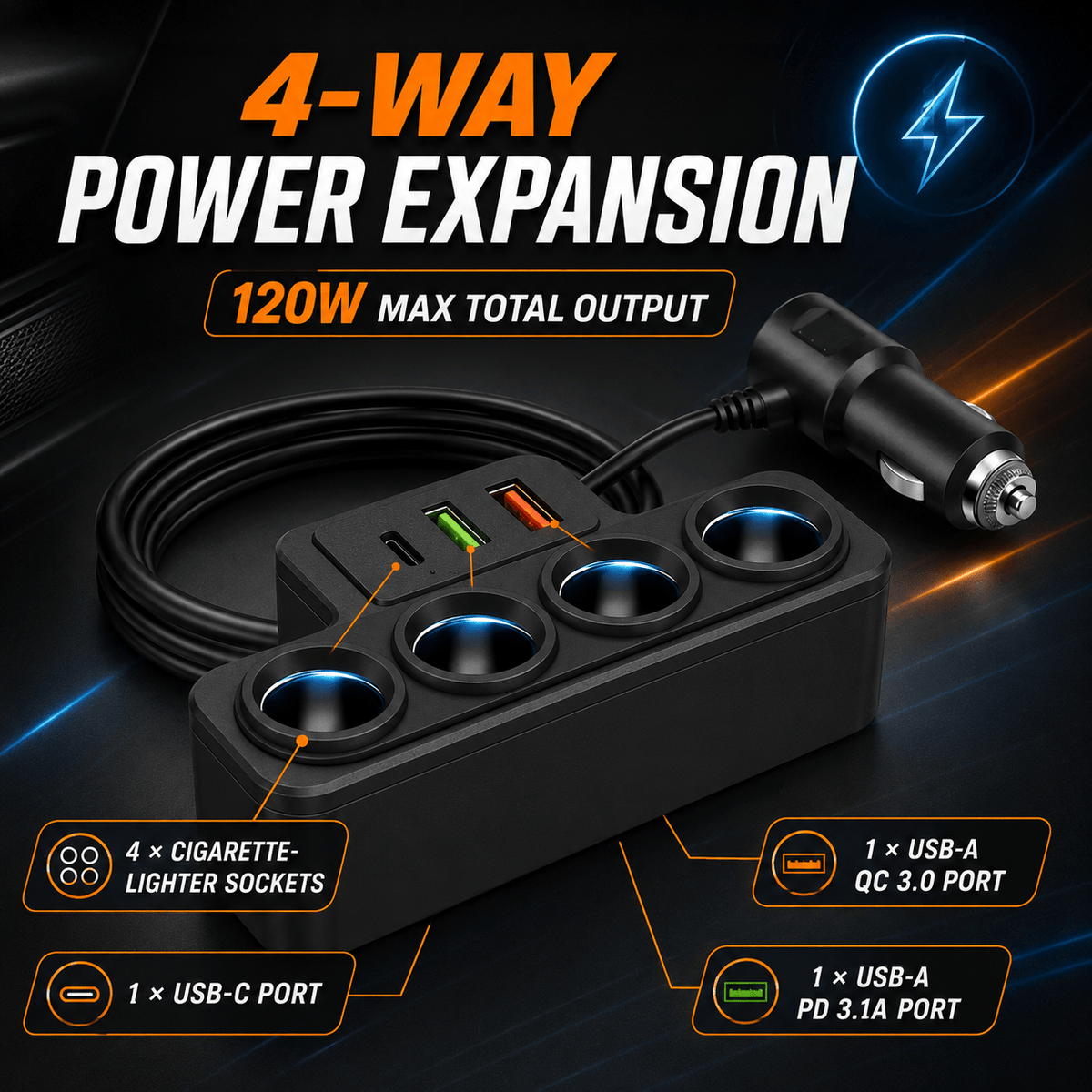 TAVICE 4-Way Car Cigarette Lighter Socket Splitter 12V/24V Power Adapter with USB Charging Ports - Office Catch
