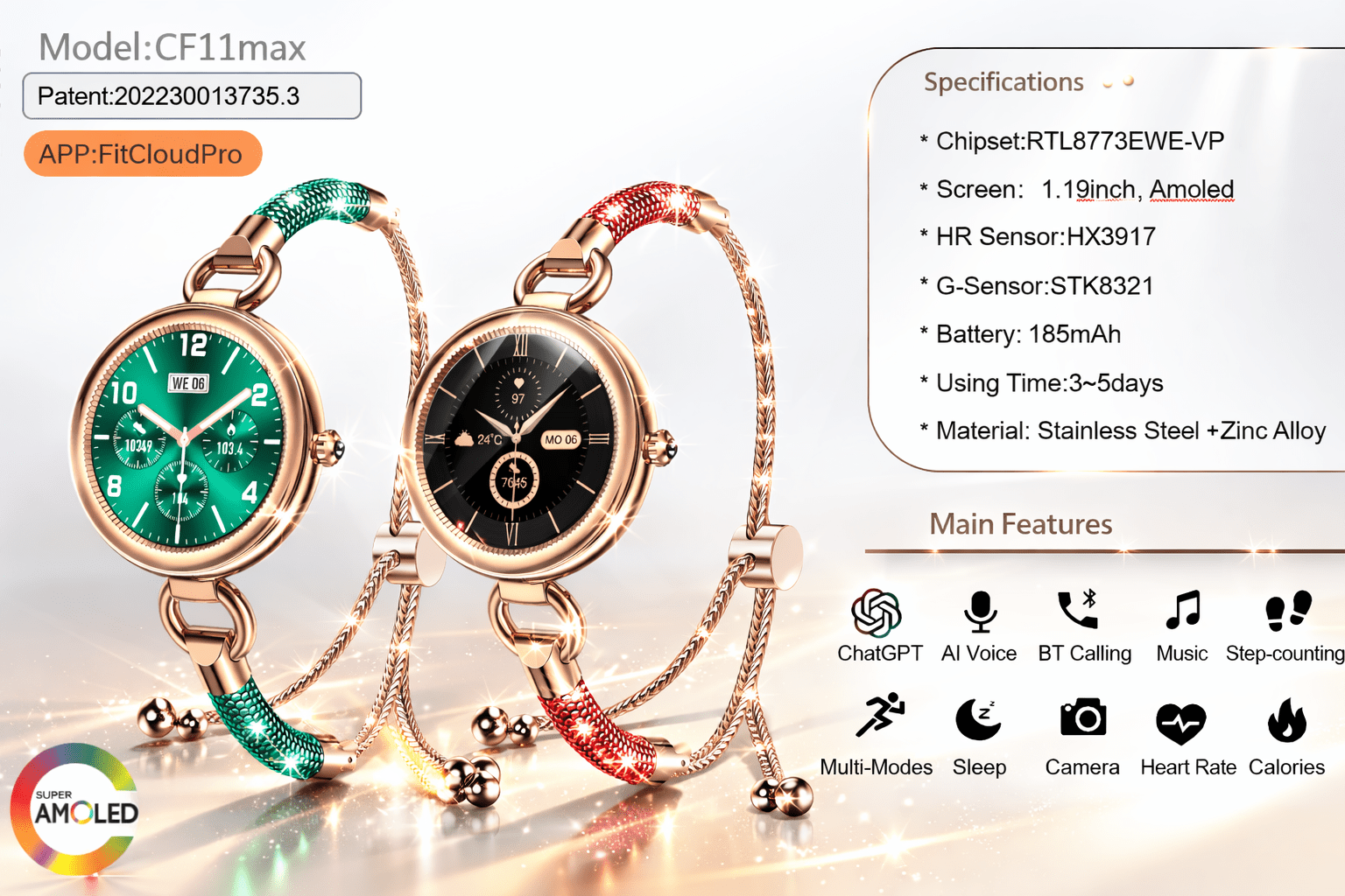 Tavice Misso Smartwatch for Women | Silver Jewellery Strap, 1.19" AMOLED Display with Gold Watch Face, Bluetooth Calling, AI Voice, Heart Rate, Sleep, Camera & Fitness Tracking - Office Catch