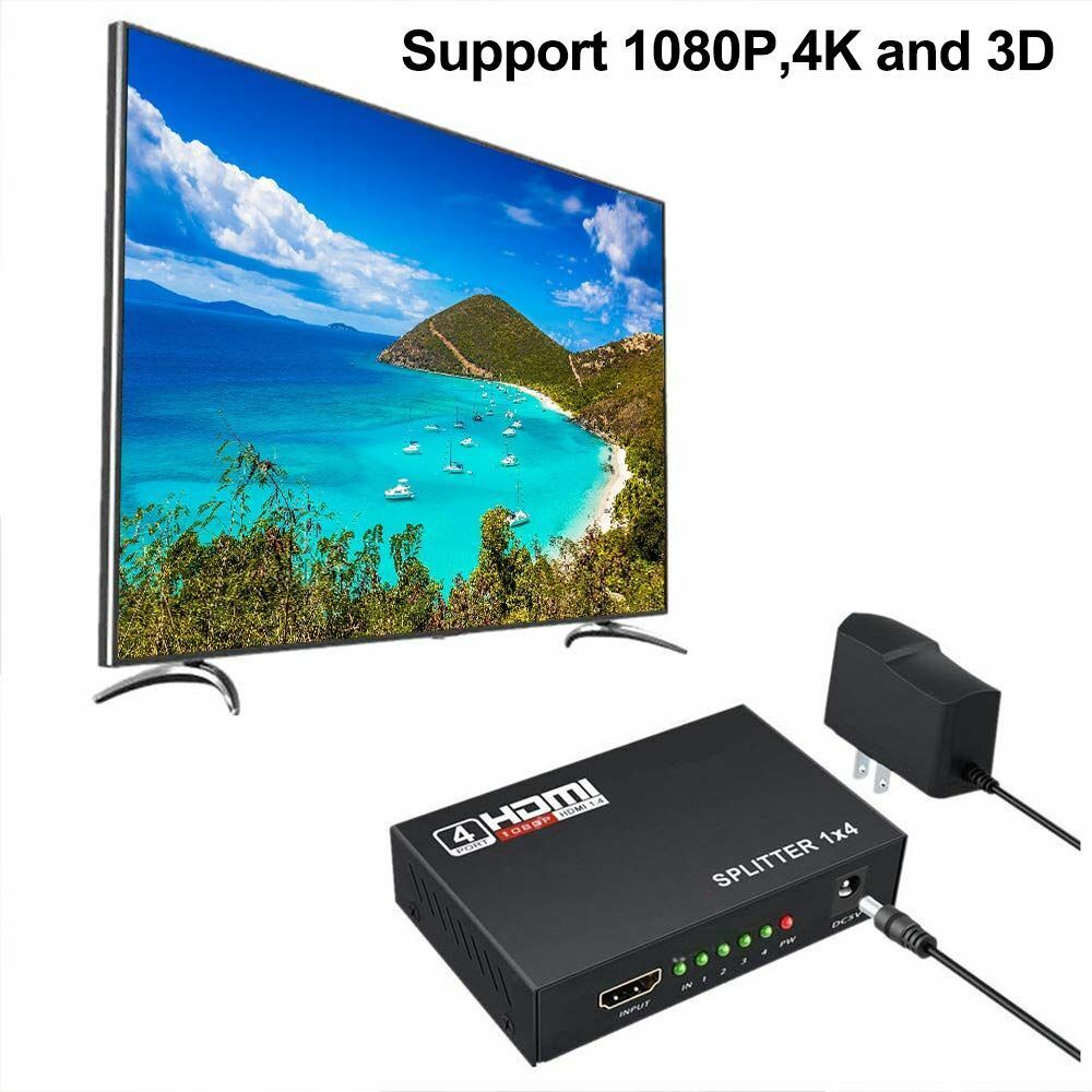 1 In 4 Out HDMI Splitter Amplifier Duplicator Full HD 1080p 2K 4K 3D V1.4 DVD - Office Catch