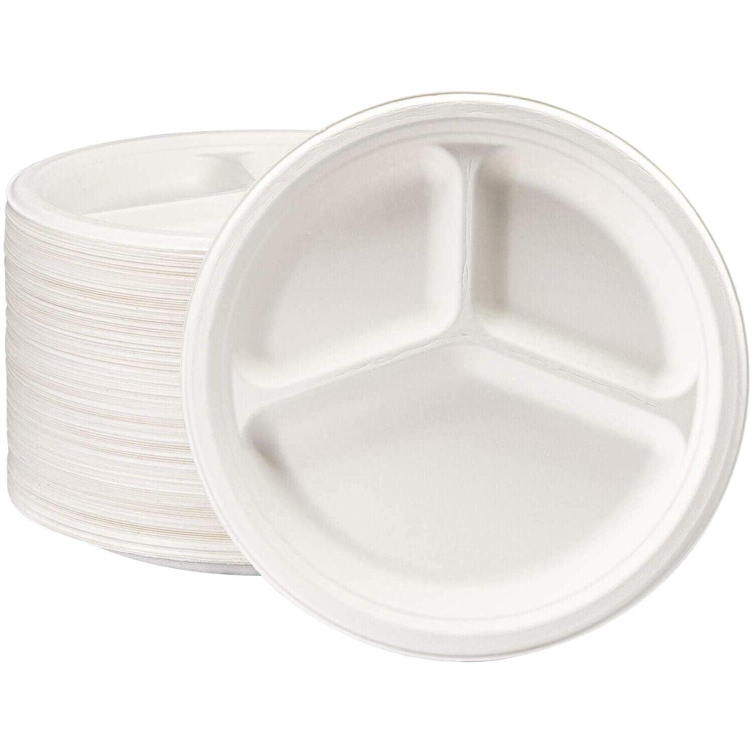 125 Pack | Strong Disposable Bagasse Plates White Round 3 Compartment Plate Party Catering - Office Catch