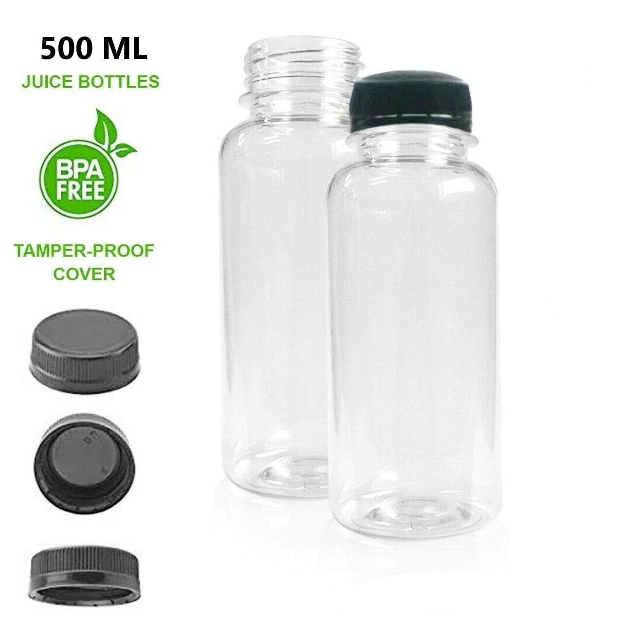 200 Pack | 500ml Clear Bottles Round PET With Black Lids Tamper Evident - Office Catch