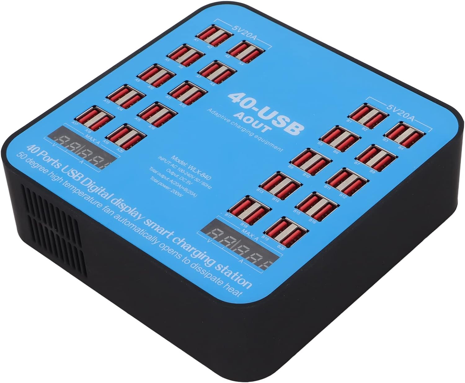 200W Universal Multiport Charging Station with 40 Ports, LCD Digital Display for Current and Voltage, Complete with Organizer Stand - Office Catch