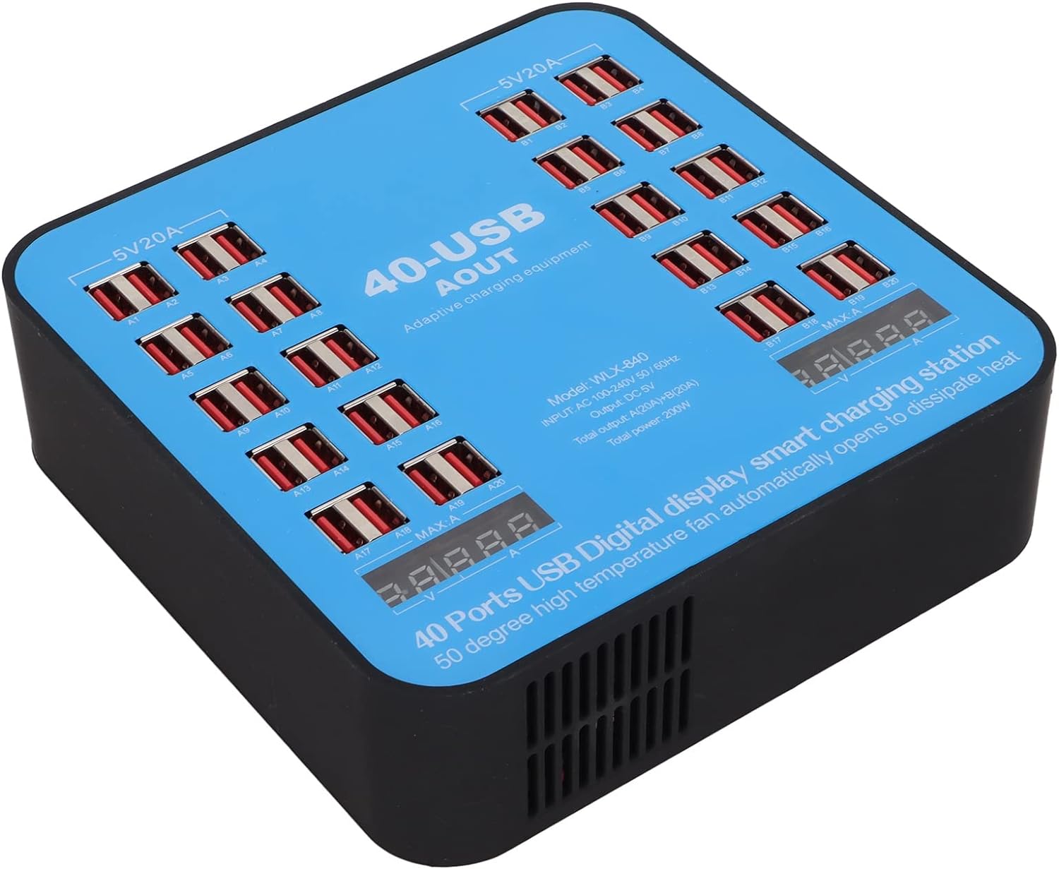 200W Universal Multiport Charging Station with 40 Ports, LCD Digital Display for Current and Voltage, Complete with Organizer Stand - Office Catch