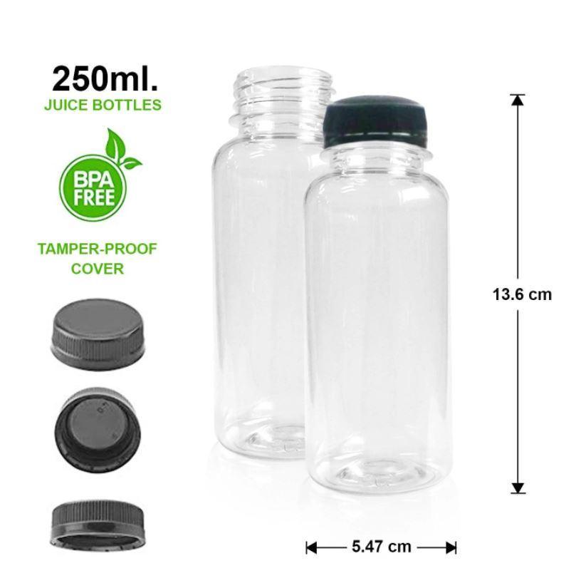 200x Bottles | 250ml Round Clear Plastic Bottles PET With 38mm Lids Tamper Evident - Office Catch