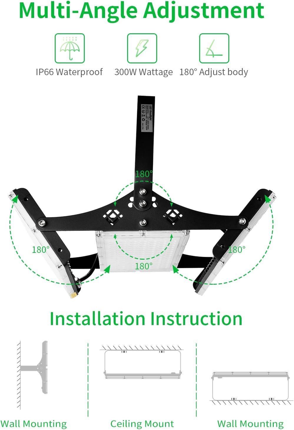 300W Outdoor LED Floodlight, IP66 Waterproof Spotlight Security Light, Super Bright 24000lm Worklight Wall Light for Yard, Garden, Garage, Hallway - Office Catch
