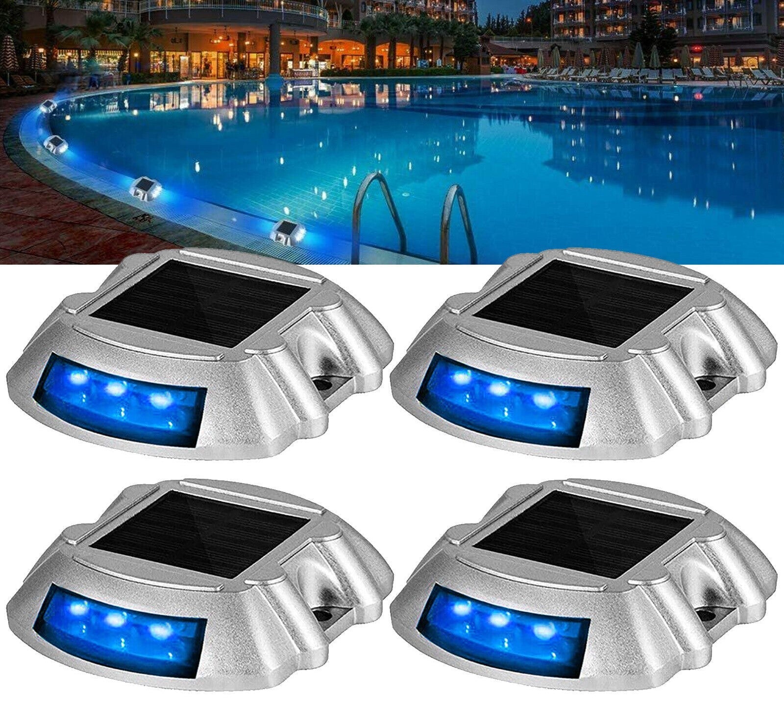 4 Pack Solar Deck Lights Blue Color Waterproof 6 LED Light for Pathway - Office Catch