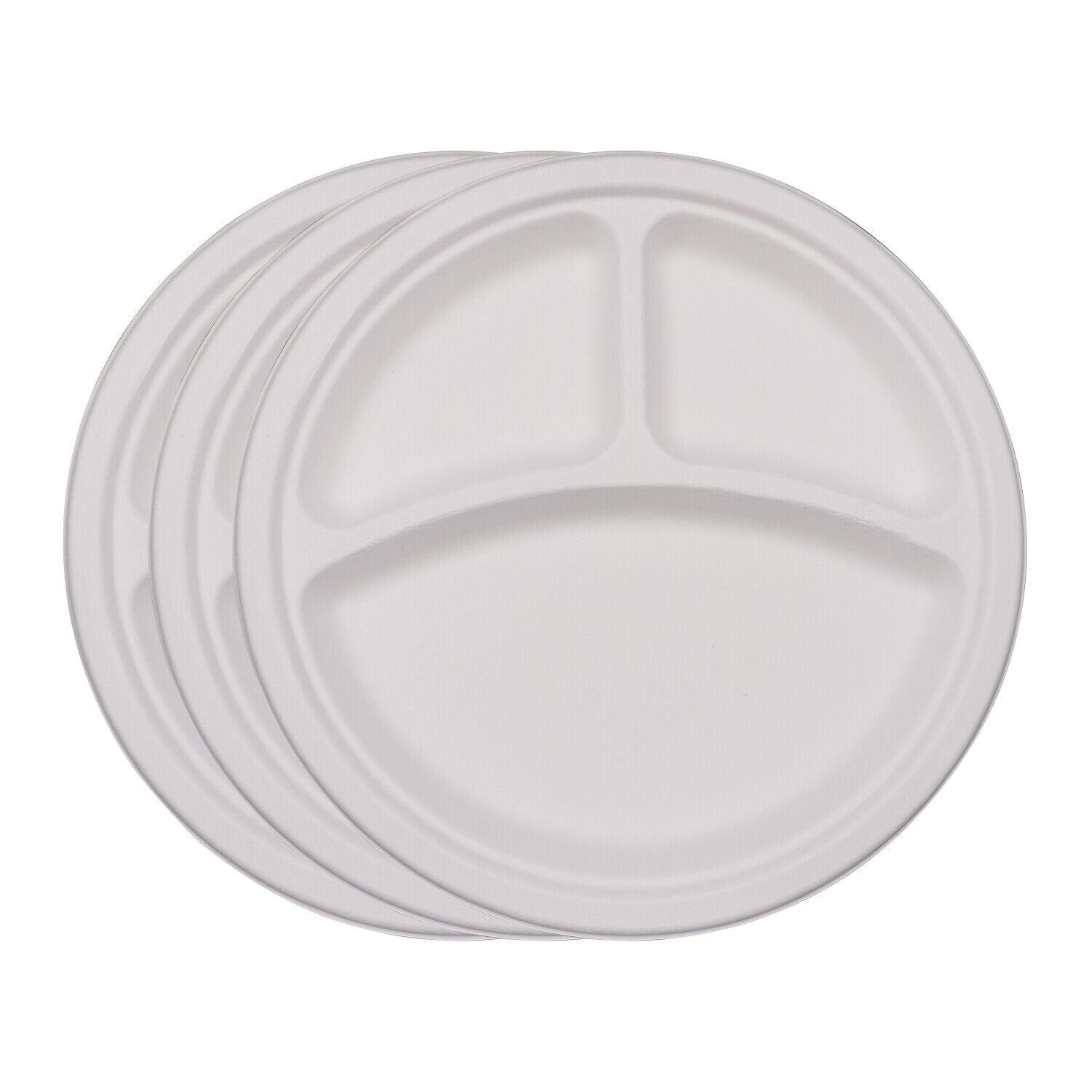 500 Pack | Strong Disposable Bagasse Plates White Round 3 Compartment Plate Party Catering - Office Catch