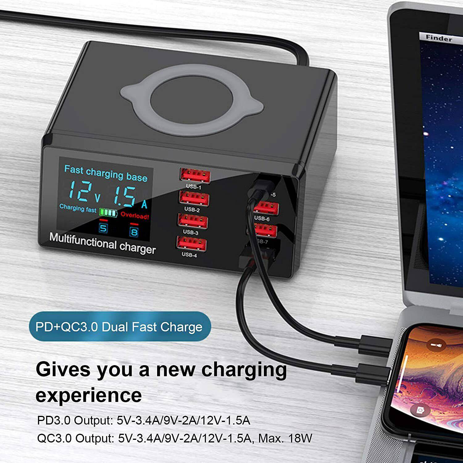 8 Ports USB Quick Charge Fast Wireless Charging Station 100W - Office Catch