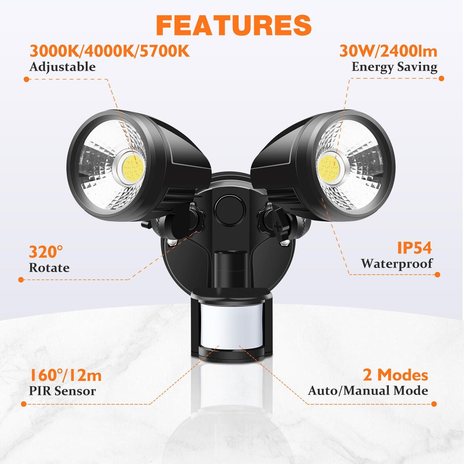 Black Sensor LED Twin Floodlight Spotlight Outdoor Security For Garage IP54 - Office Catch