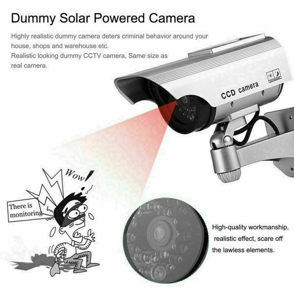 Solar Powered Dummy Security Camera, Bullet Fake Surveillance System with Realistic Red Flashing Lights and Warning Sticker Indoor Outdoor - Office Catch