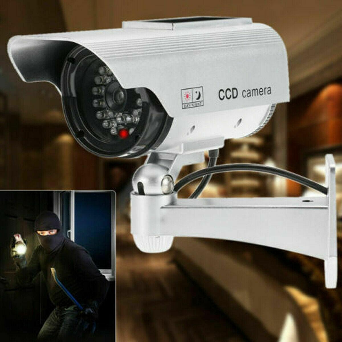 Solar Powered Dummy Security Camera, Bullet Fake Surveillance System with Realistic Red Flashing Lights and Warning Sticker Indoor Outdoor - Office Catch