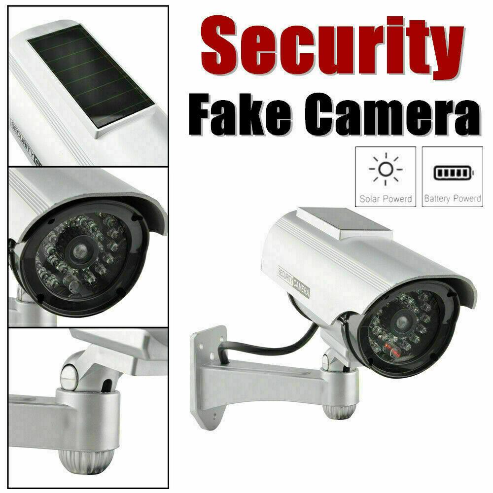 Solar Powered Dummy Security Camera, Bullet Fake Surveillance System with Realistic Red Flashing Lights and Warning Sticker Indoor Outdoor - Office Catch
