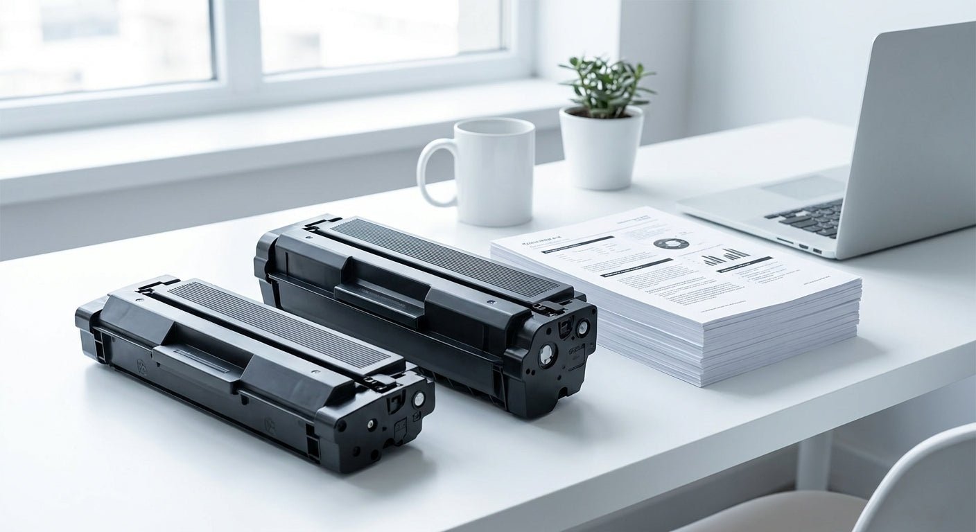 Two toner cartridges of different sizes placed side by side on a clean office desk next to a stack of printed documents.