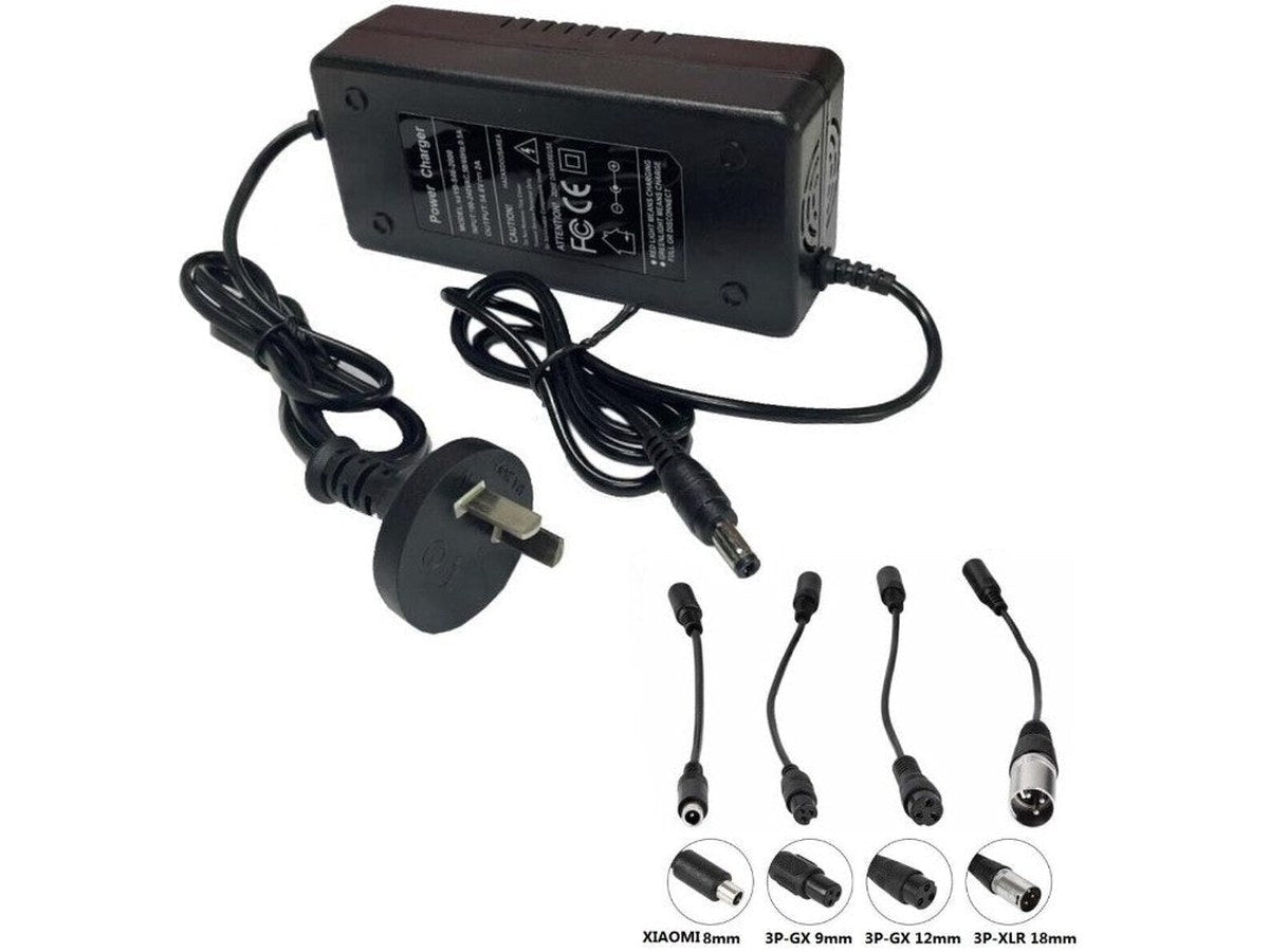 eBike lithium battery charger with Australian plug and XLR, GX and DC connector adapters