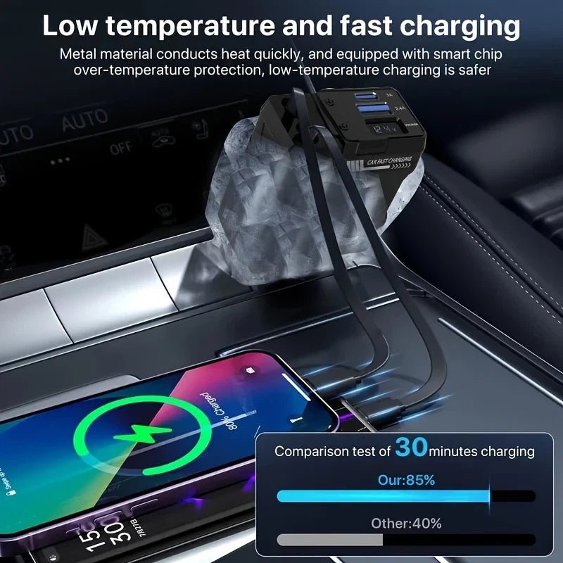 120W Retractable 4 - in - 1 Car Charger with USB - C, iPhone Cables & Voltage Display – AU Adapter - Office Catch