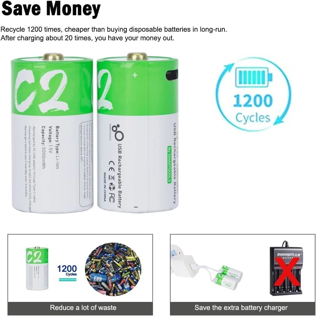 4 Pack Rechargeable D Lithium - Ion Batteries with USB Charging 1.5V 12000mWh - Office Catch