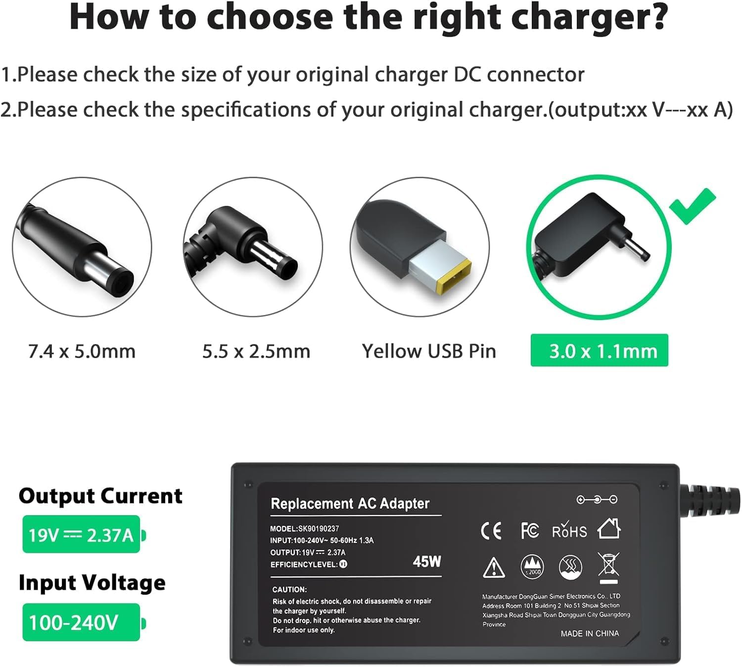 65W Acer Laptop Charger 19V 3.42A Compatible with Spin 3 SP314 - 53N, Aspire, Chromebook, Iconia & TravelMate (3.0x1.1mm) - Office Catch