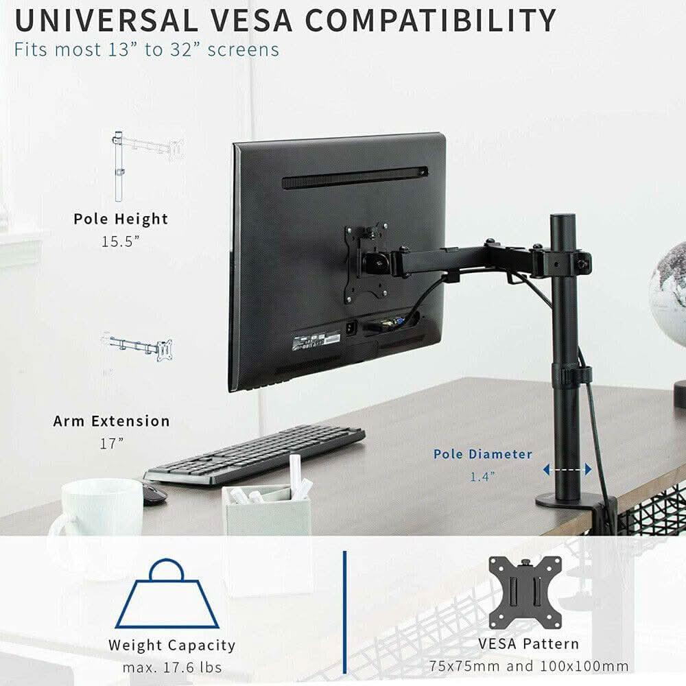 Single Monitor Arm Desk Mount for Screens up to 32" | Adjustable VESA 75x75 / 100x100, 8kg Capacity