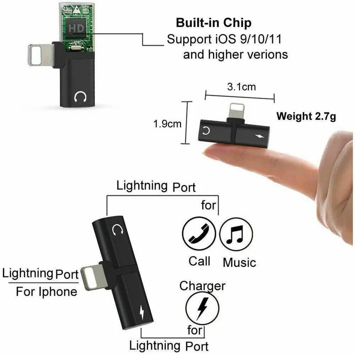 2-in-1 Lightning Charging & Audio Splitter Adapter | 8-Pin Dual Port Adapter for iPhone & iPad
