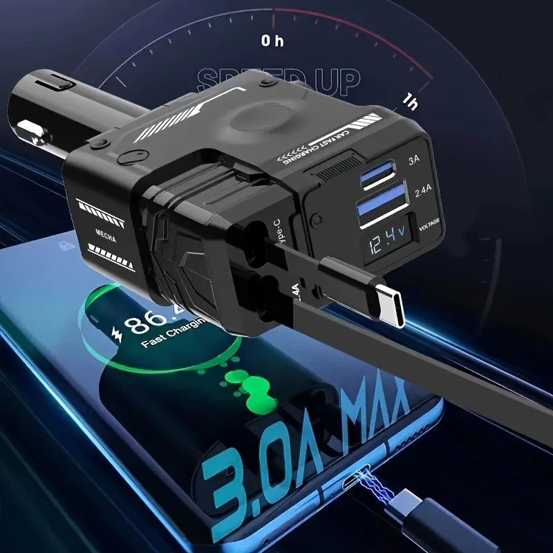 120W Retractable 4-in-1 Car Charger with USB-C, iPhone Cables & Voltage Display – AU Adapter