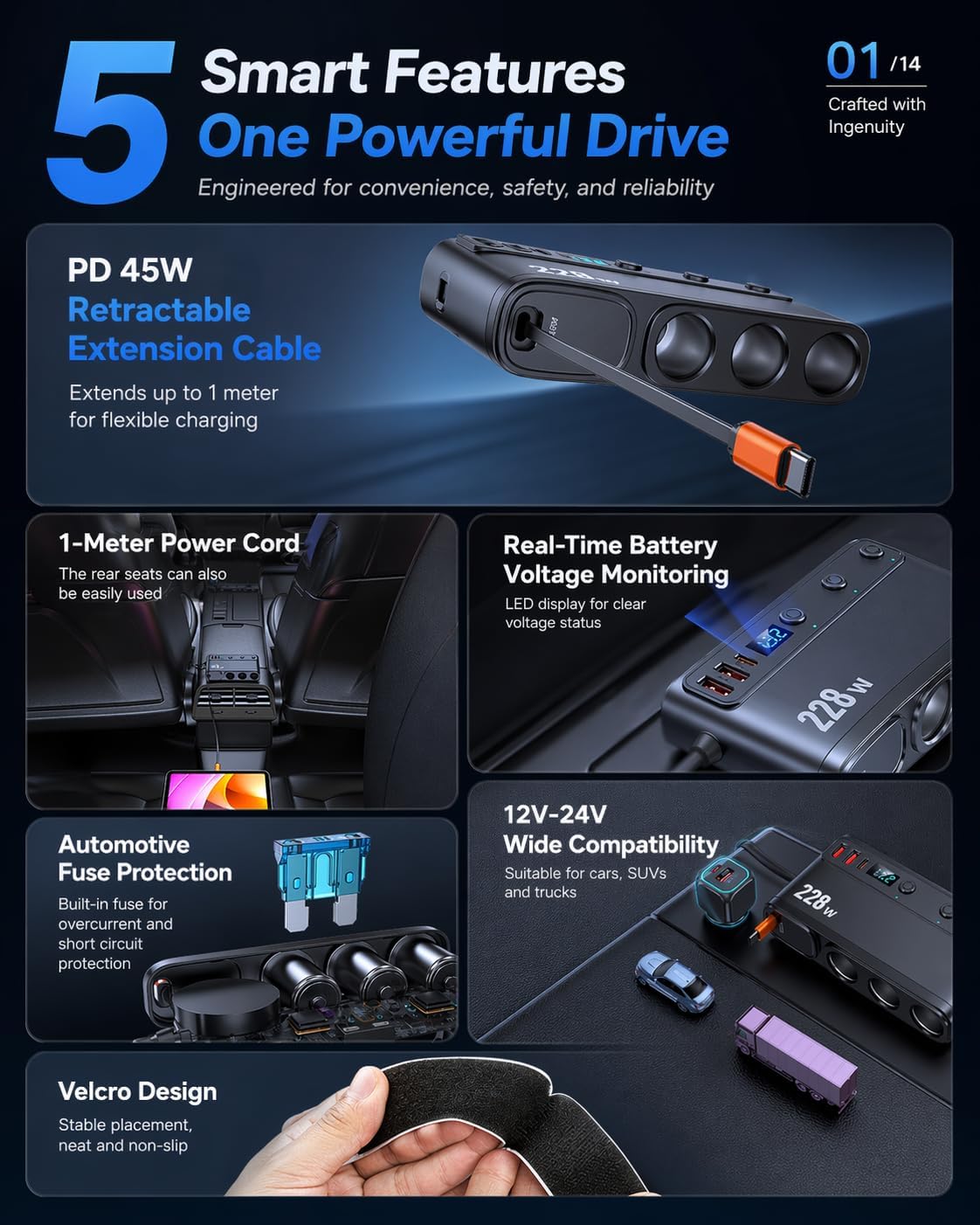 TAVICE 228W Car Cigarette Lighter Splitter with PD45W Retractable USB-C Cable, 3 Sockets Dual QC3.0 USB Car Charger for 12V/24V Vehicles - Office Catch
