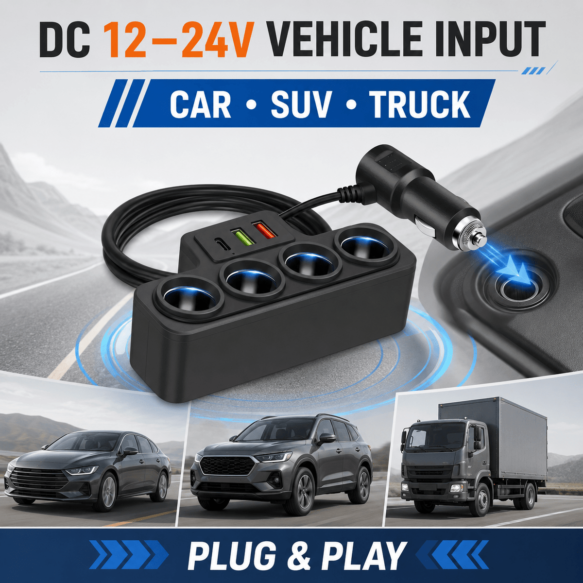TAVICE 4-Way Car Cigarette Lighter Socket Splitter 12V/24V Power Adapter with USB Charging Ports - Office Catch