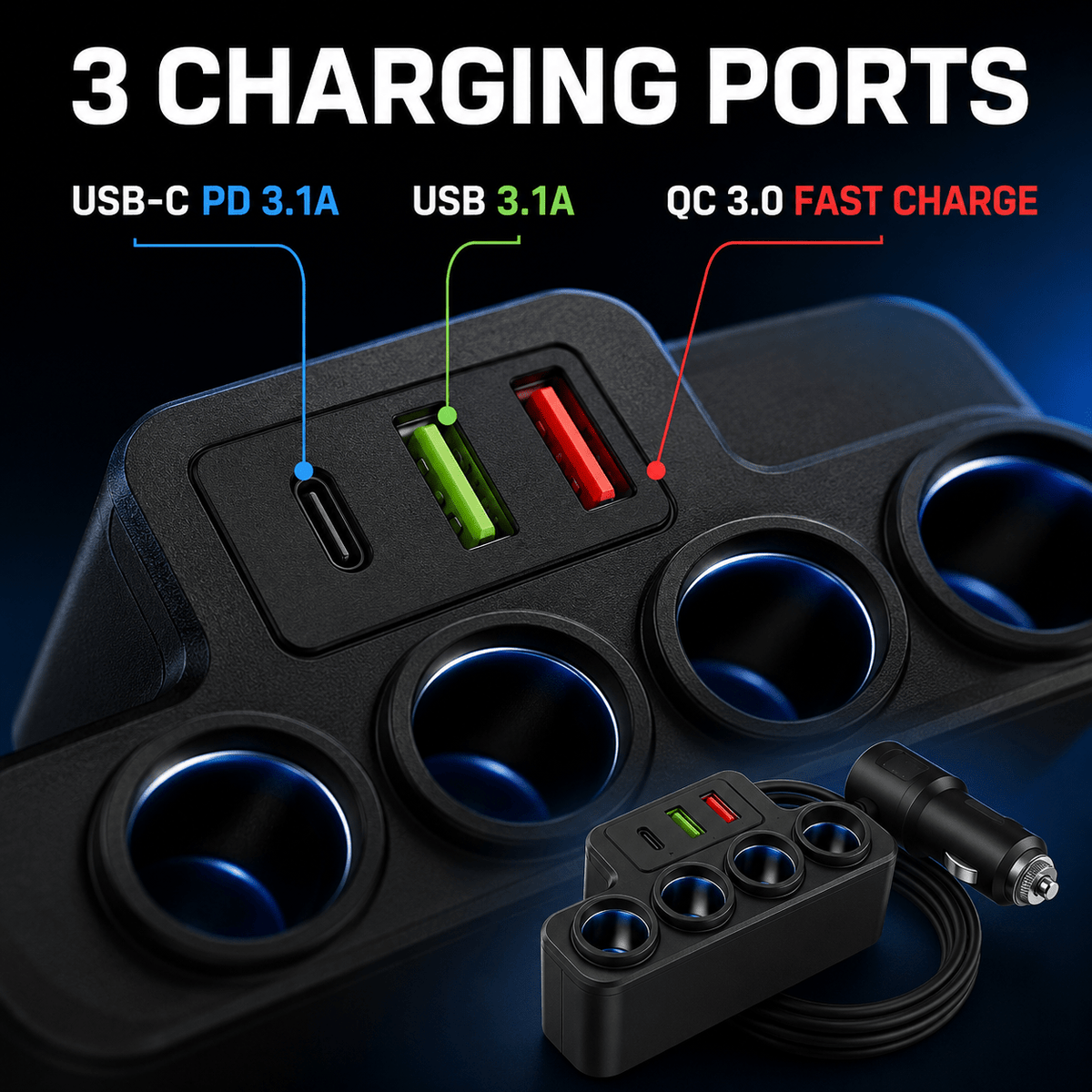 TAVICE 4-Way Car Cigarette Lighter Socket Splitter 12V/24V Power Adapter with USB Charging Ports - Office Catch