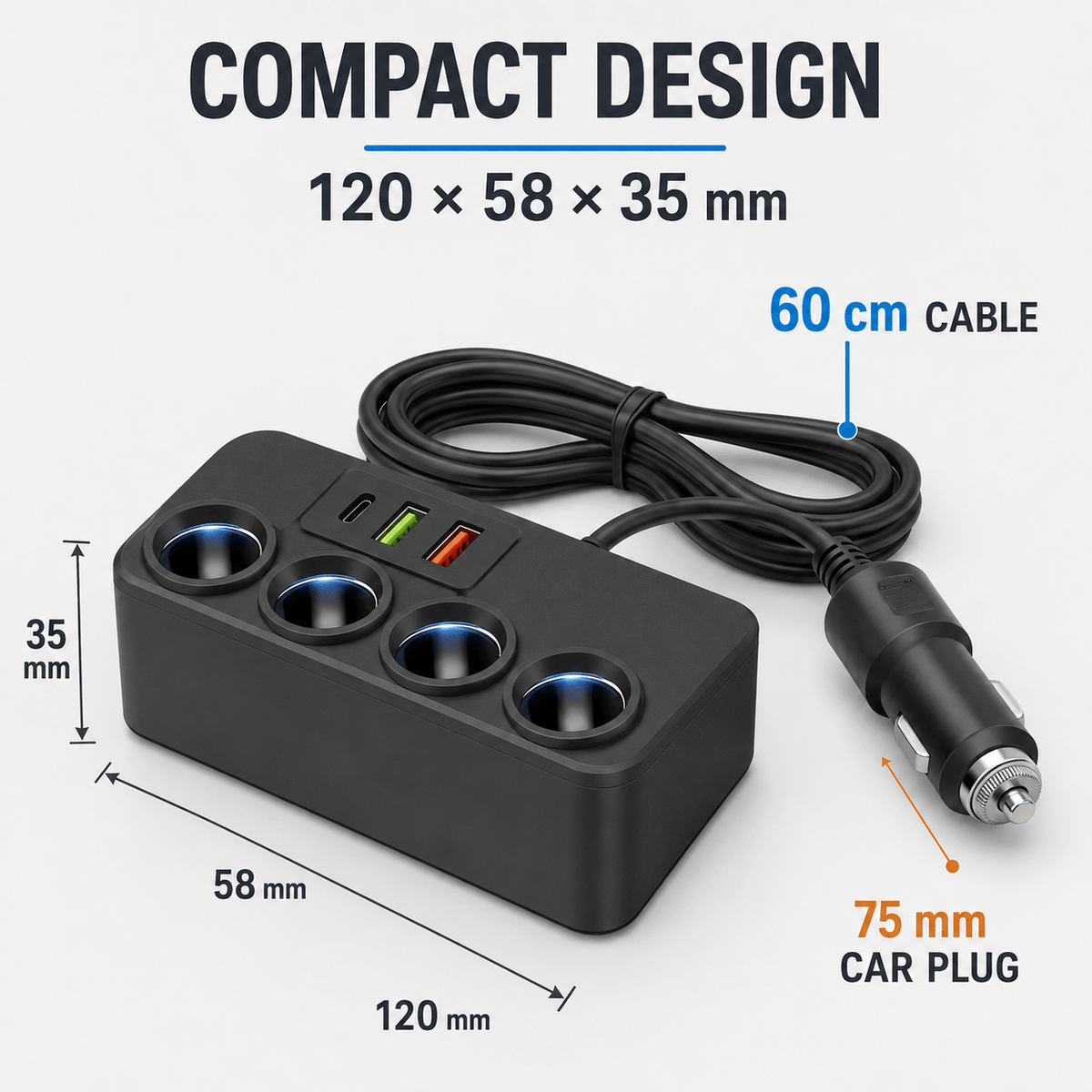 TAVICE 4-Way Car Cigarette Lighter Socket Splitter 12V/24V Power Adapter with USB Charging Ports - Office Catch
