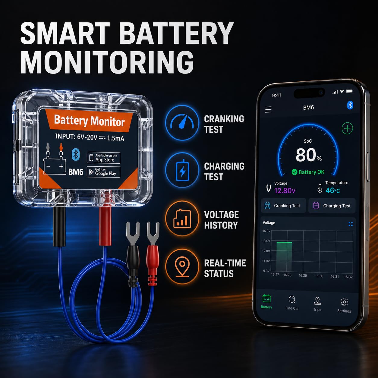 TAVICE Bluetooth 4.0 12V Car Battery Monitor BM6 Wireless Battery Health Tester with App - Office Catch