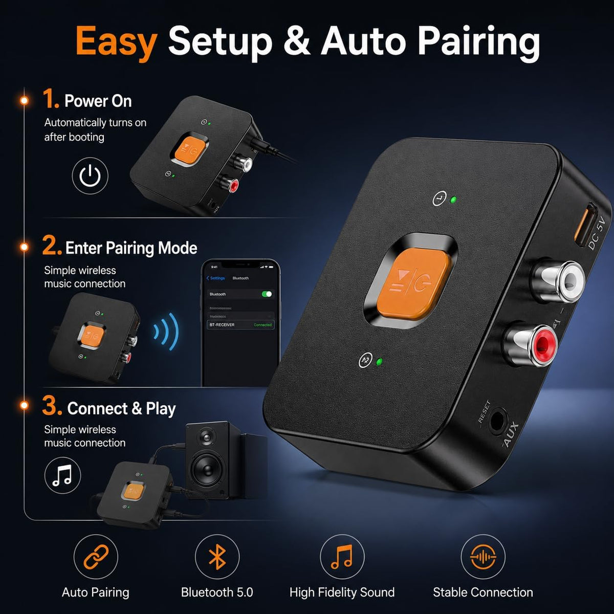 TAVICE Bluetooth 6.0 Audio Receiver Adapter for Sound System RCA AUX Wireless Stereo - Office Catch