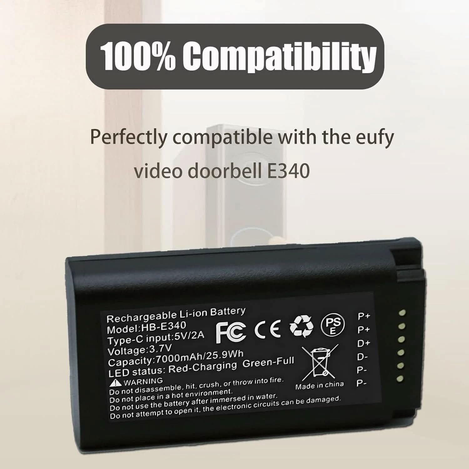 TAVICE E340 Replacement Battery Compatible with eufy Security Video Doorbell E340 7000mAh Rechargeable Battery with USB - C Port - Office Catch