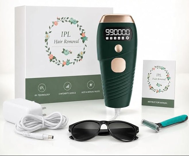 Tavice IPL Hair Removal Complete IPL Kit showing the dark green handheld device with a digital display, its white and green retail box, a white power adapter with cable, black protective sunglasses, and a teal-handled trimmer on a white background with text overlay.