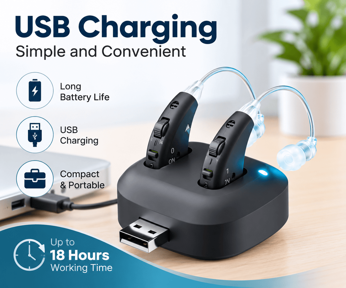 Tavice Rechargeable Dual Behind-the-Ear Sound Amplifier with Noise Reduction, USB Charging, Long Battery Life - Office Catch